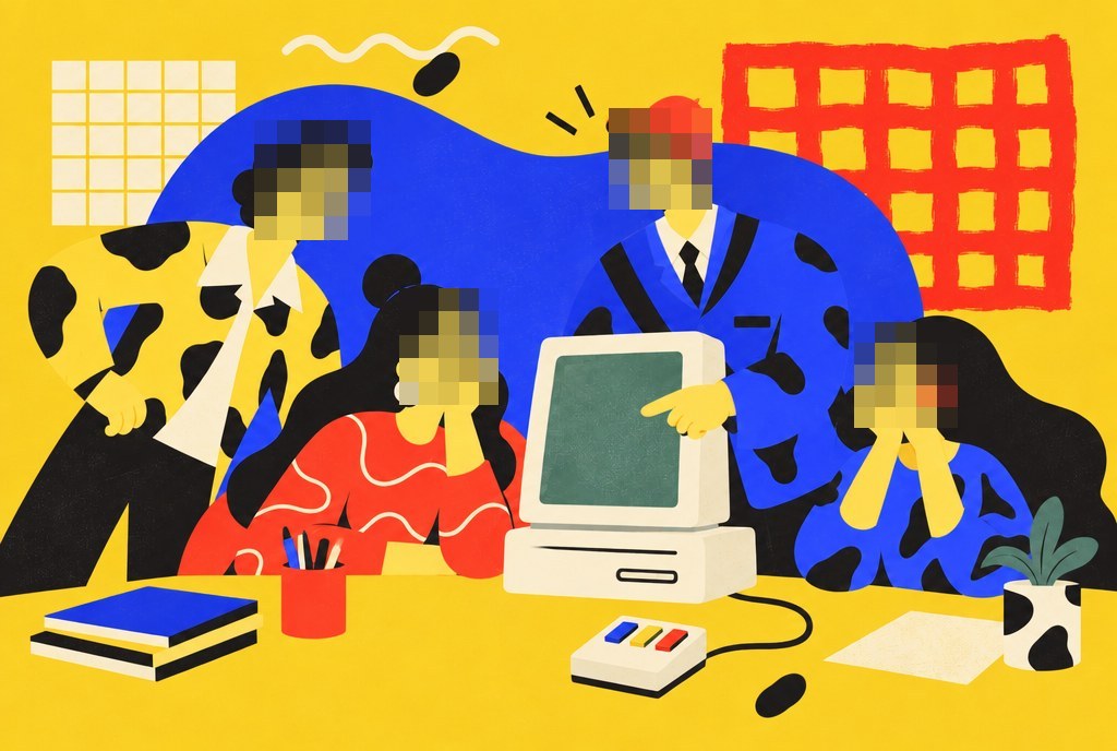 An illustration of four people at a computer, their faces pixelated